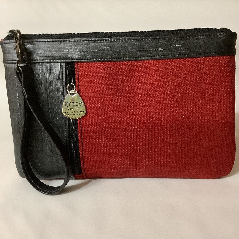 Zippered wristlet wallet with credit card slots. New Hand Crafted. Red/Black